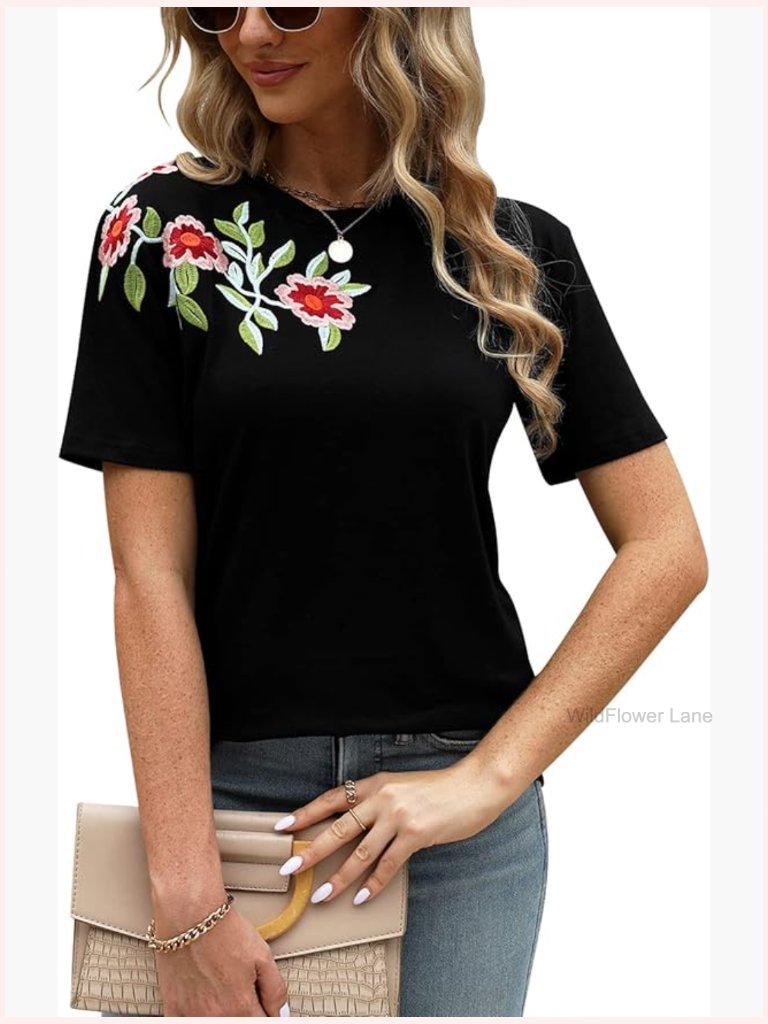 Floral Embroidered Tunics Short Sleeve Peasant Blouses Women